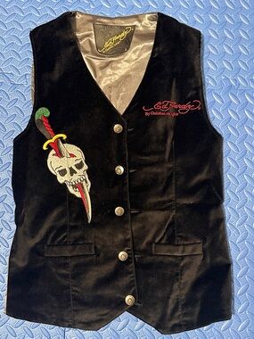 Ed Hardy Black Velvet Vest with Red Script & Skull Dagger Embroidery